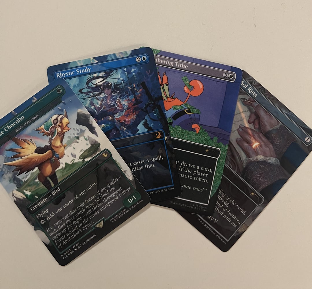 Homemade matte laminated MTG proxies on a table